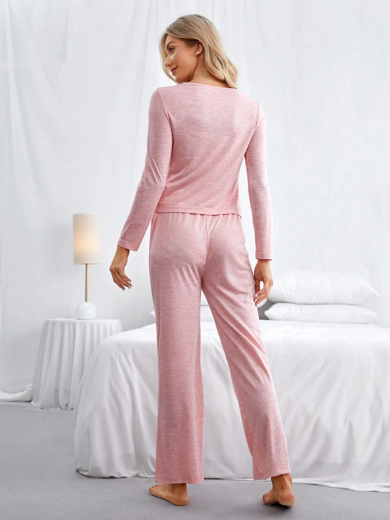 Casual Plain Button Long Sleeve Round Neck Women Lounge Sets