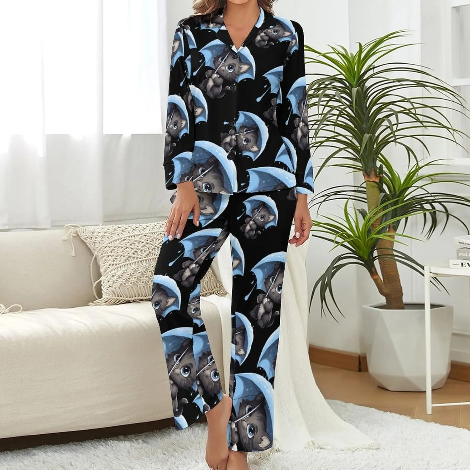 Cat With Umbrella Womens Pajamas Satin PJ Set Button Down Loungewear Set 2 Piece Lounge Sets