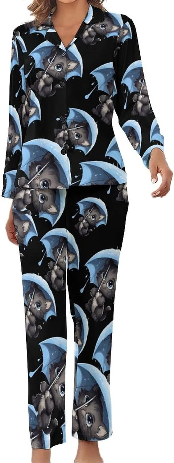Cat With Umbrella Womens Pajamas Satin PJ Set Button Down Loungewear Set 2 Piece Lounge Sets