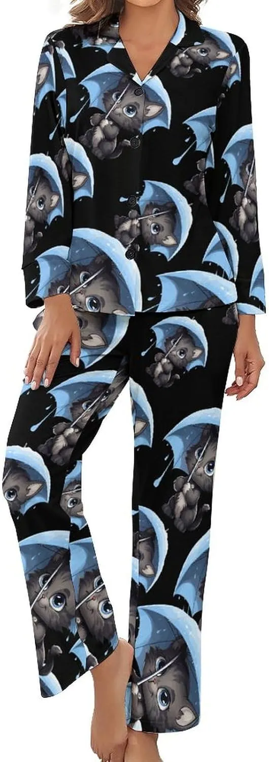 Cat With Umbrella Womens Pajamas Satin PJ Set Button Down Loungewear Set 2 Piece Lounge Sets