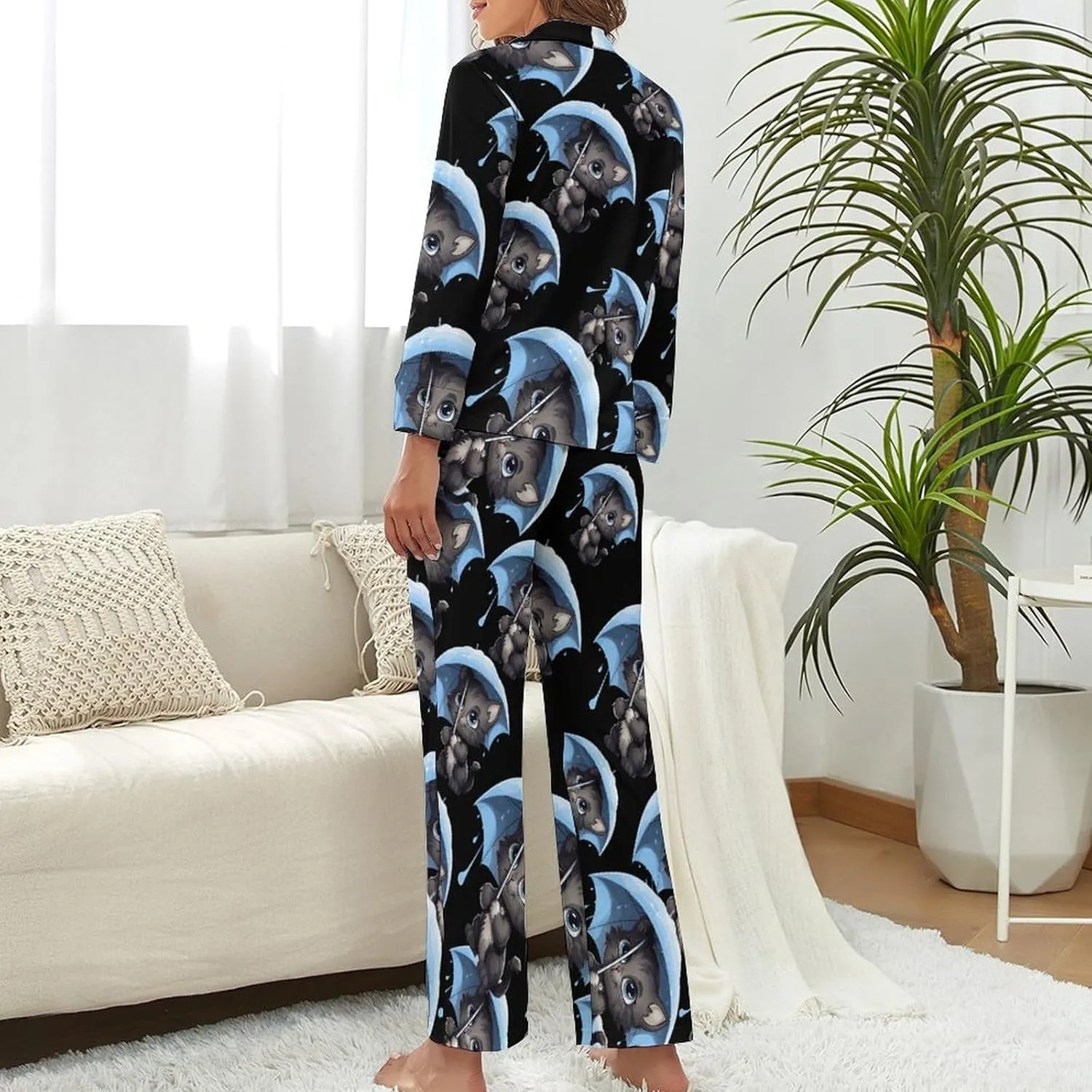 Cat With Umbrella Womens Pajamas Satin PJ Set Button Down Loungewear Set 2 Piece Lounge Sets