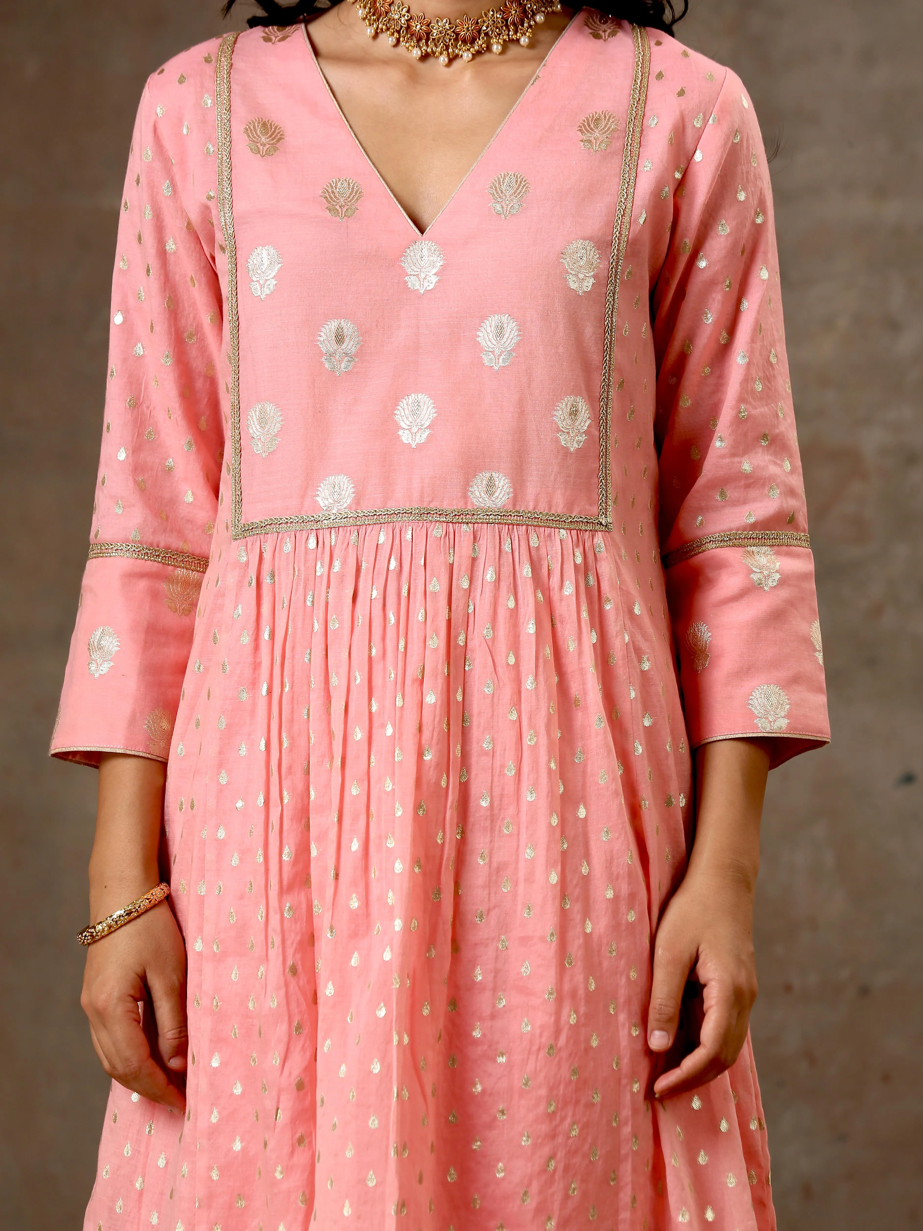 Chanderi Silk Yoke Kurta in Pink Peach Color