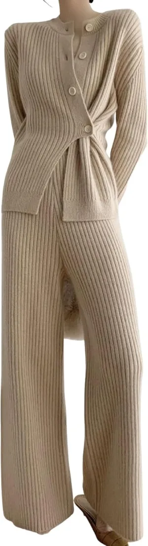 CHARTOU Women's Cozy Irregular Button Rib-Knit Lounge Sets 2 Pieces Trendy Outfits Sweater Sets