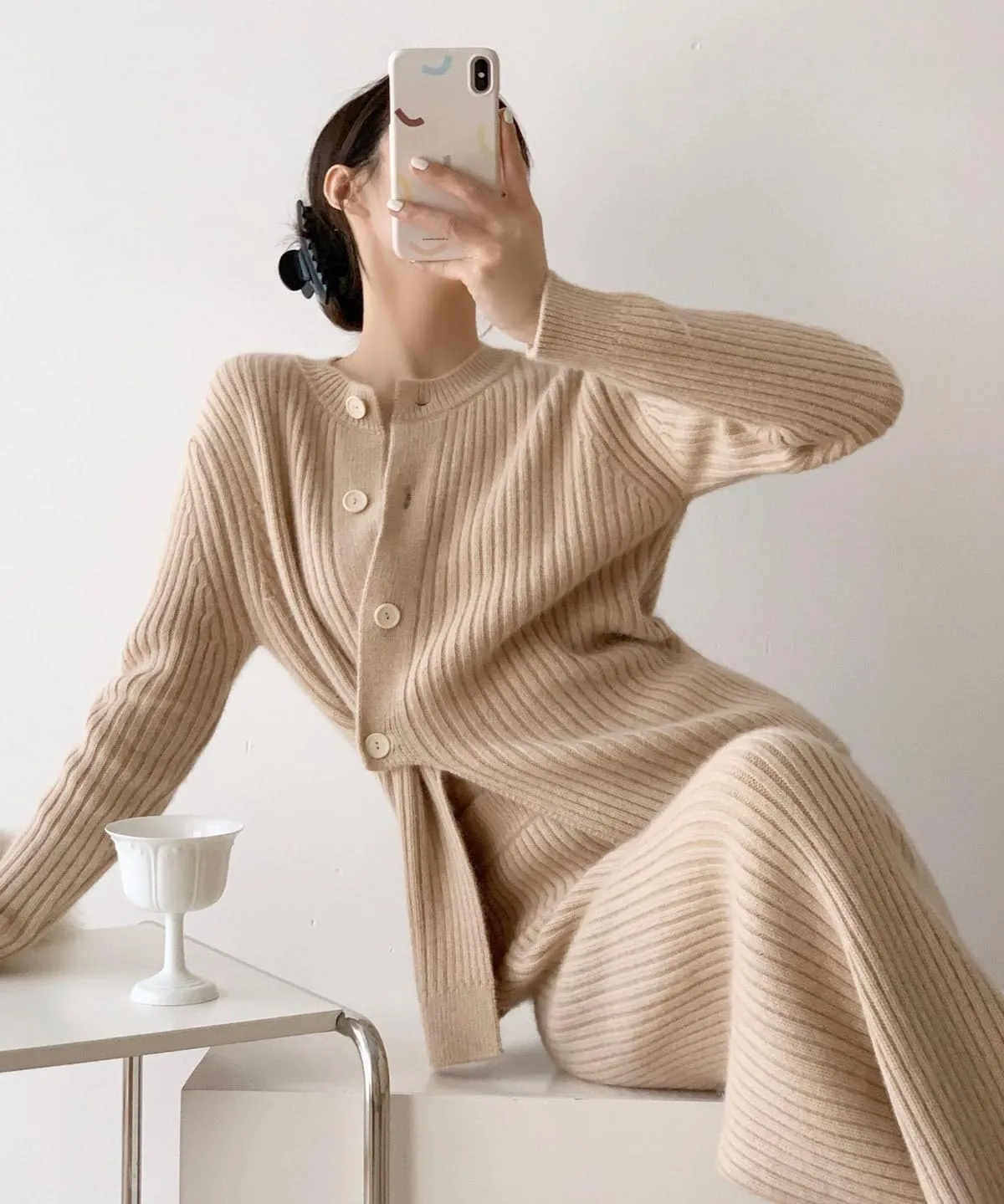 CHARTOU Women's Cozy Irregular Button Rib-Knit Lounge Sets 2 Pieces Trendy Outfits Sweater Sets