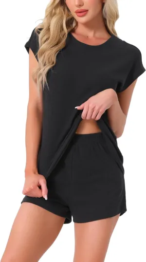 cheibear Womens Cap Sleeve Pajamas Tops with Shorts 2 Piece Soft Round Neck Casual Pjs Loungewear Sets
