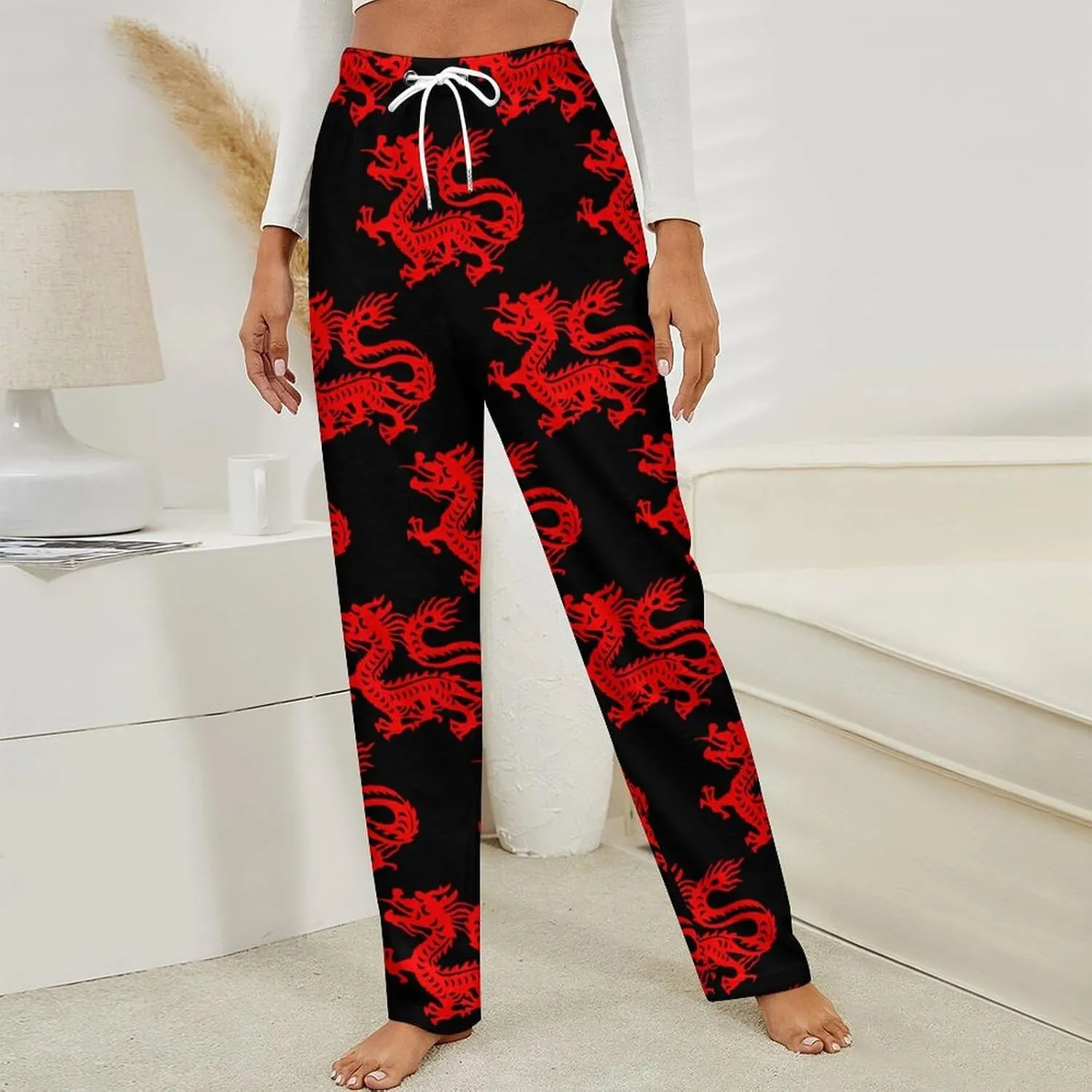 Chinese Magic Dragon Art Paper Cut Women's Flannel Pajama Pants Fleece Lounge Sleep Bottoms PJ