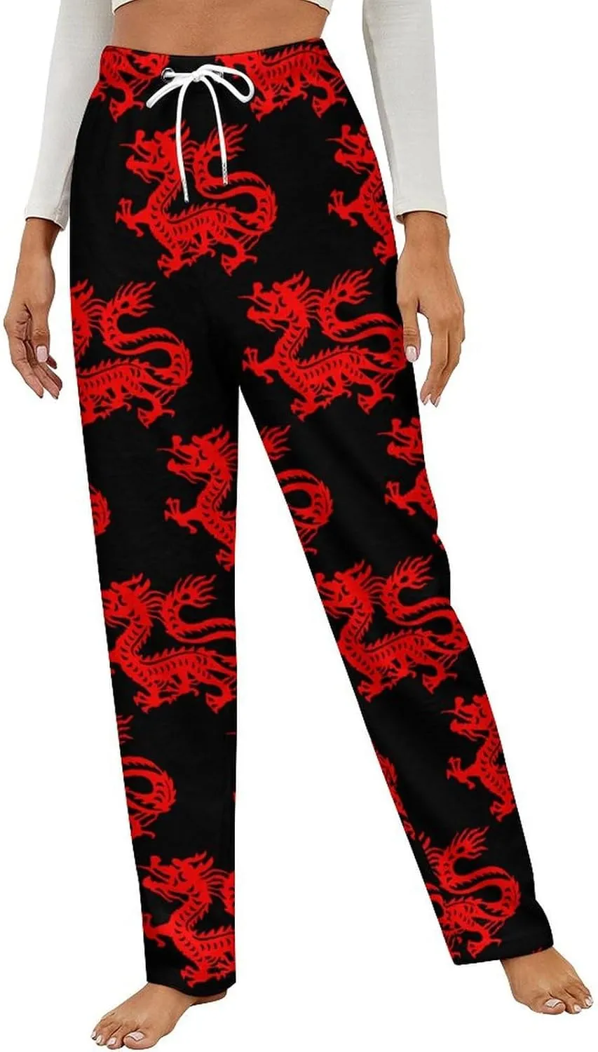 Chinese Magic Dragon Art Paper Cut Women's Flannel Pajama Pants Fleece Lounge Sleep Bottoms PJ