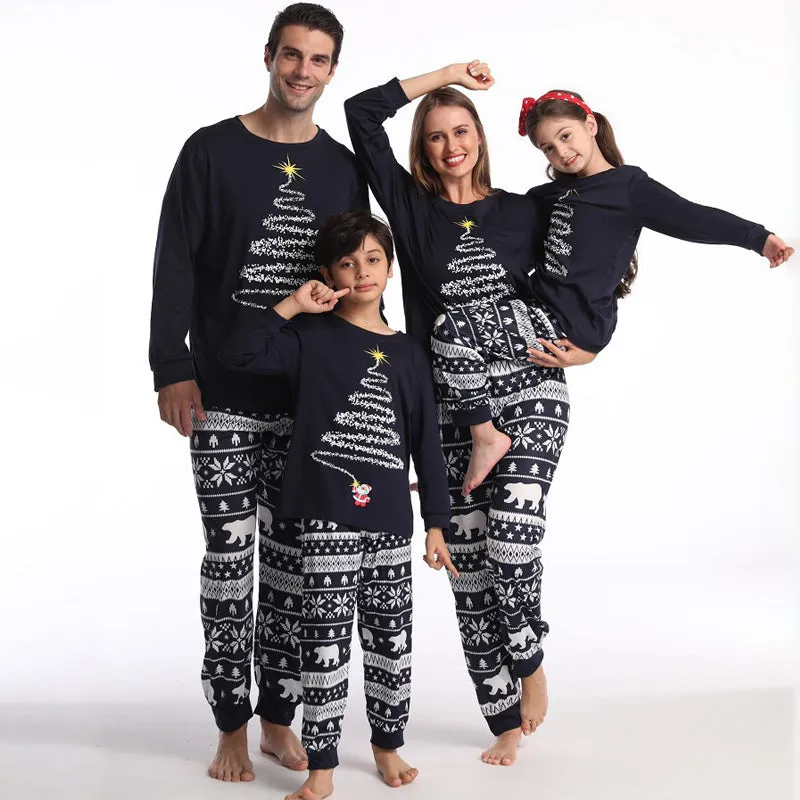 Christmas Cartoon Print Navy Long Sleeve Shirt Pants Matching Pajamas 2247