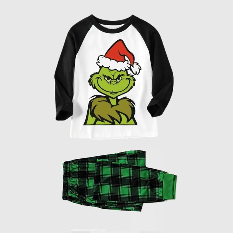 Christmas Cute Cartoon Print Print Splice Contrast Top and Black and Green Plaid Pants Family Matching Pajamas Set