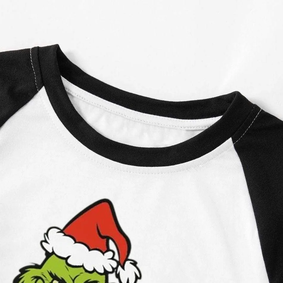Christmas Cute Cartoon Print Print Splice Contrast Top and Black and Green Plaid Pants Family Matching Pajamas Set