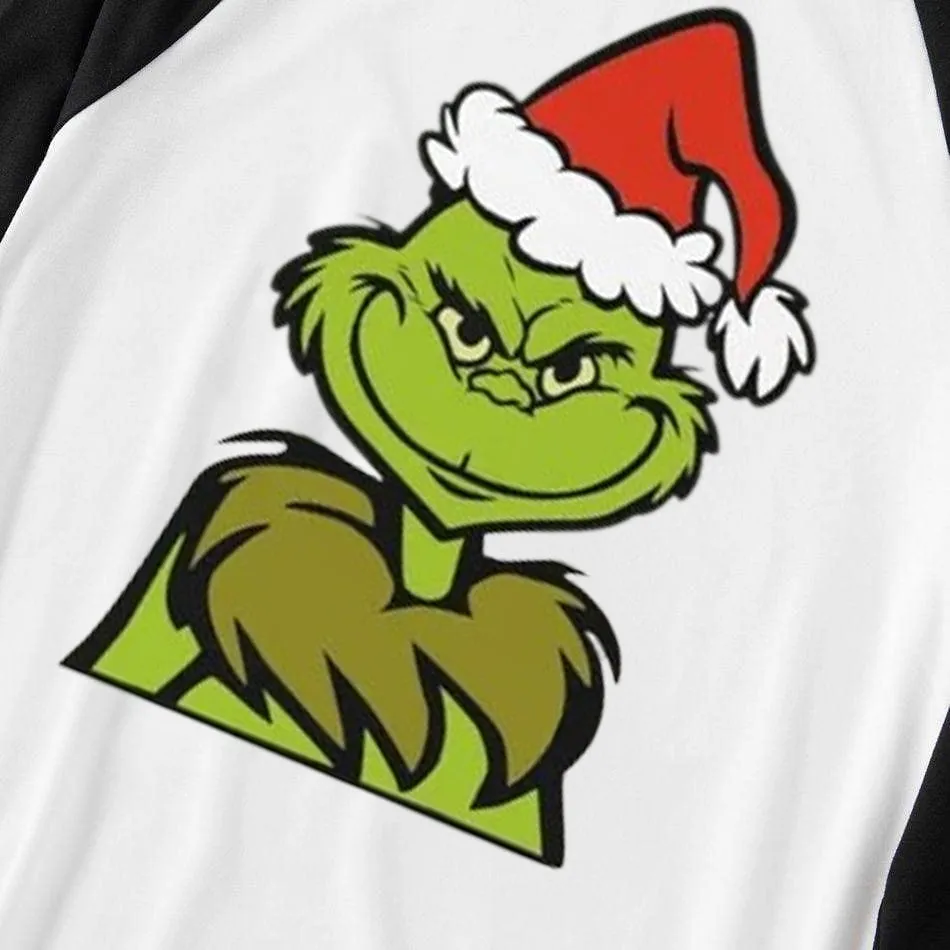 Christmas Cute Cartoon Print Print Splice Contrast Top and Black and Green Plaid Pants Family Matching Pajamas Set