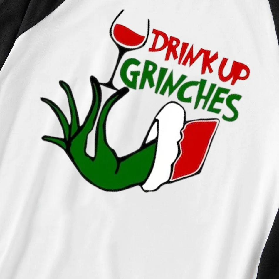 Christmas Cute Cartoon Wine Glass and 'Drink Up' Letter Print Casual Long Sleeve Sweatshirts Black Contrast Top and Black and Green Plaid Pants Family Matching Pajamas Sets