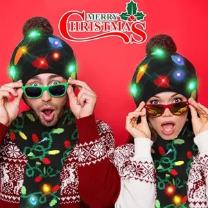 Christmas LED Beanie Hat & Scarf, Light up Hat Knitted Scarf Set Xmas Light up Hats for Women Man