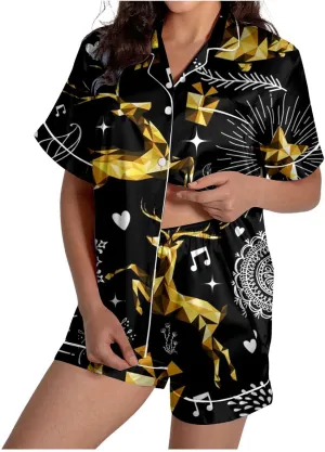 Christmas Pajamas Sets for Women, Women's Pajama Short Sleeve Sleepwear Soft Pj Set Elk Graphic Top and Shorts Pajamas Set