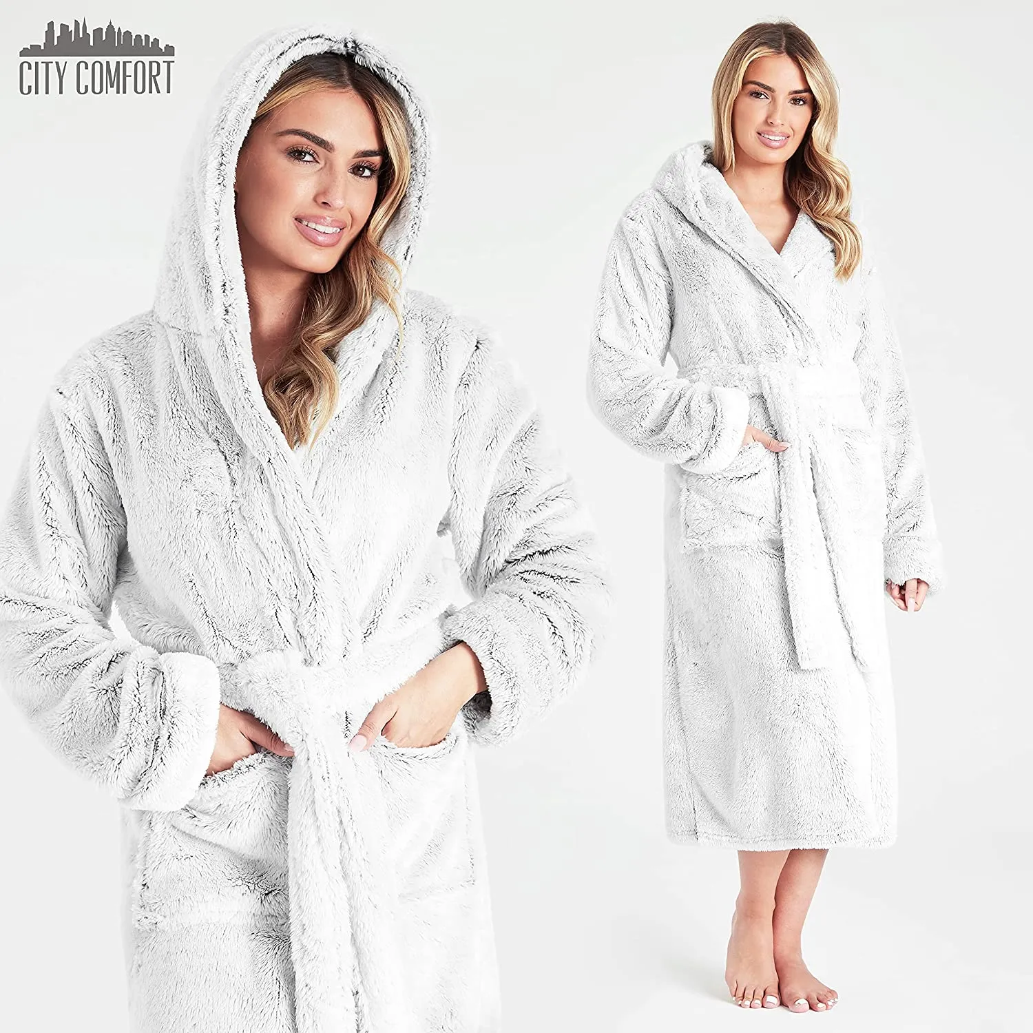 CityComfort Dressing Gown Women with Hood - Luxurious Fluffy Ladies Dressing Gown in Super Soft Fleece