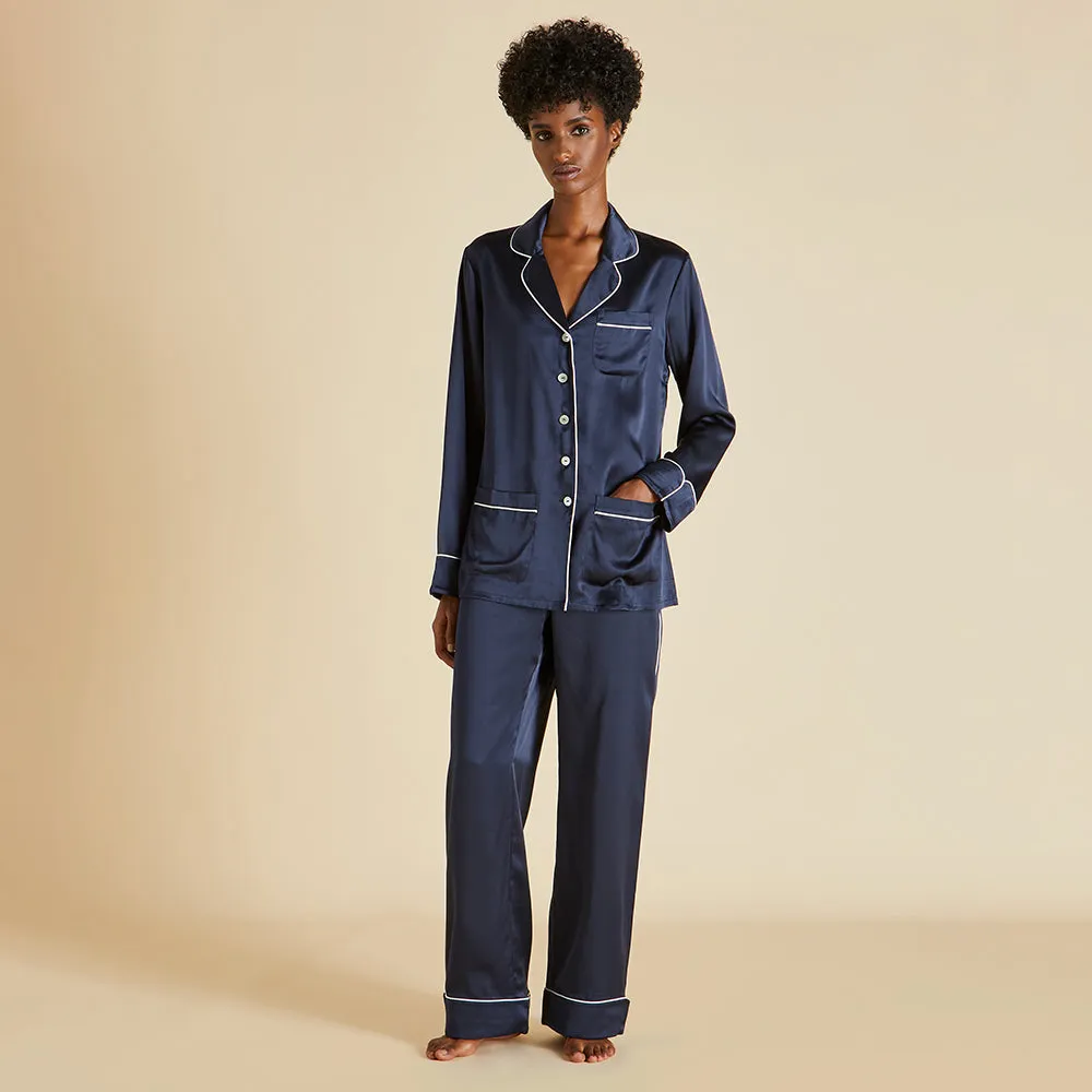 Coco Navy Pajamas in Silk Satin