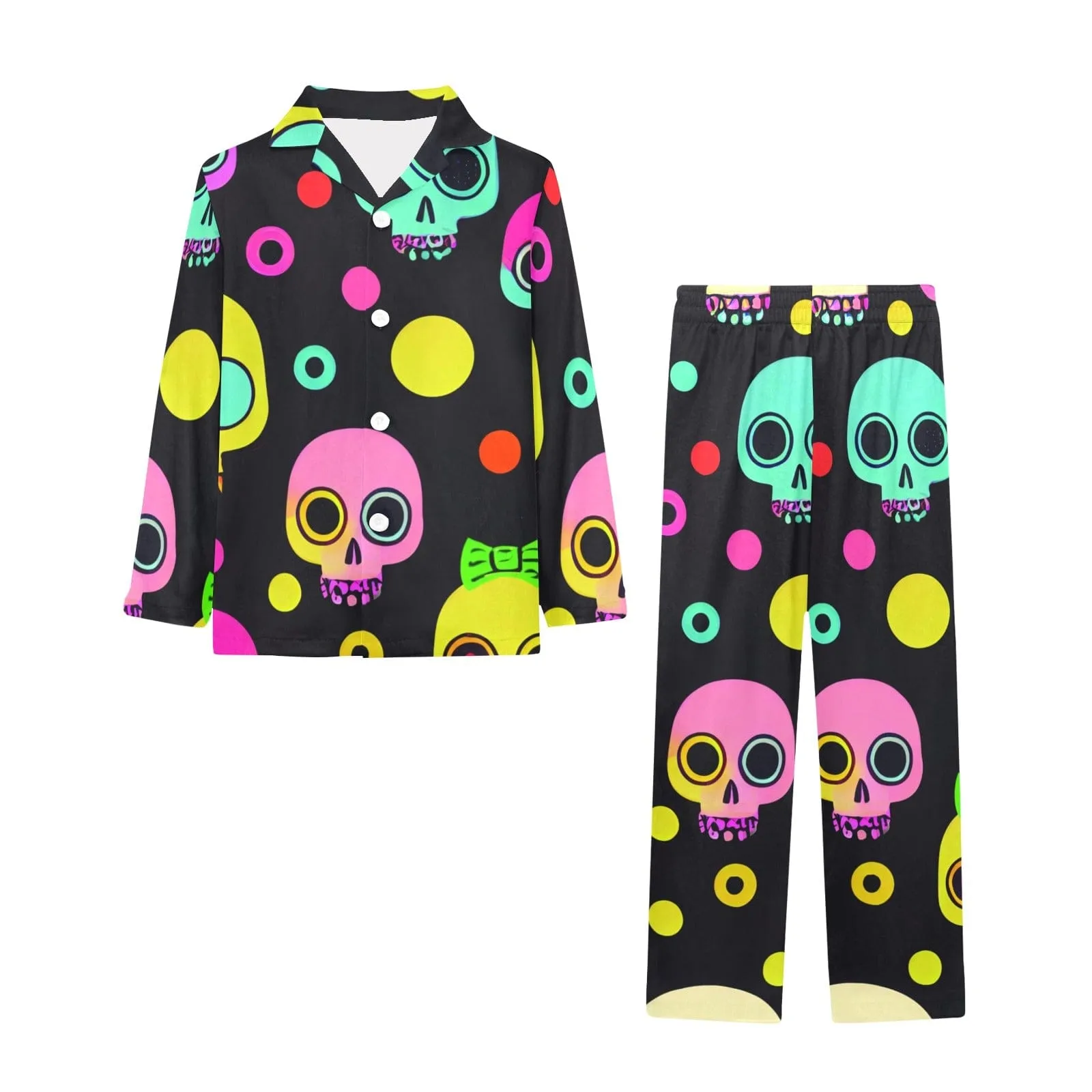 Colorful Skulls Long Sleeve Little Girls V-Neck Long Pajama Set