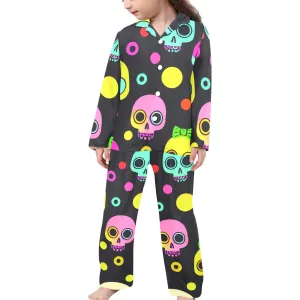 Colorful Skulls Long Sleeve Little Girls V-Neck Long Pajama Set