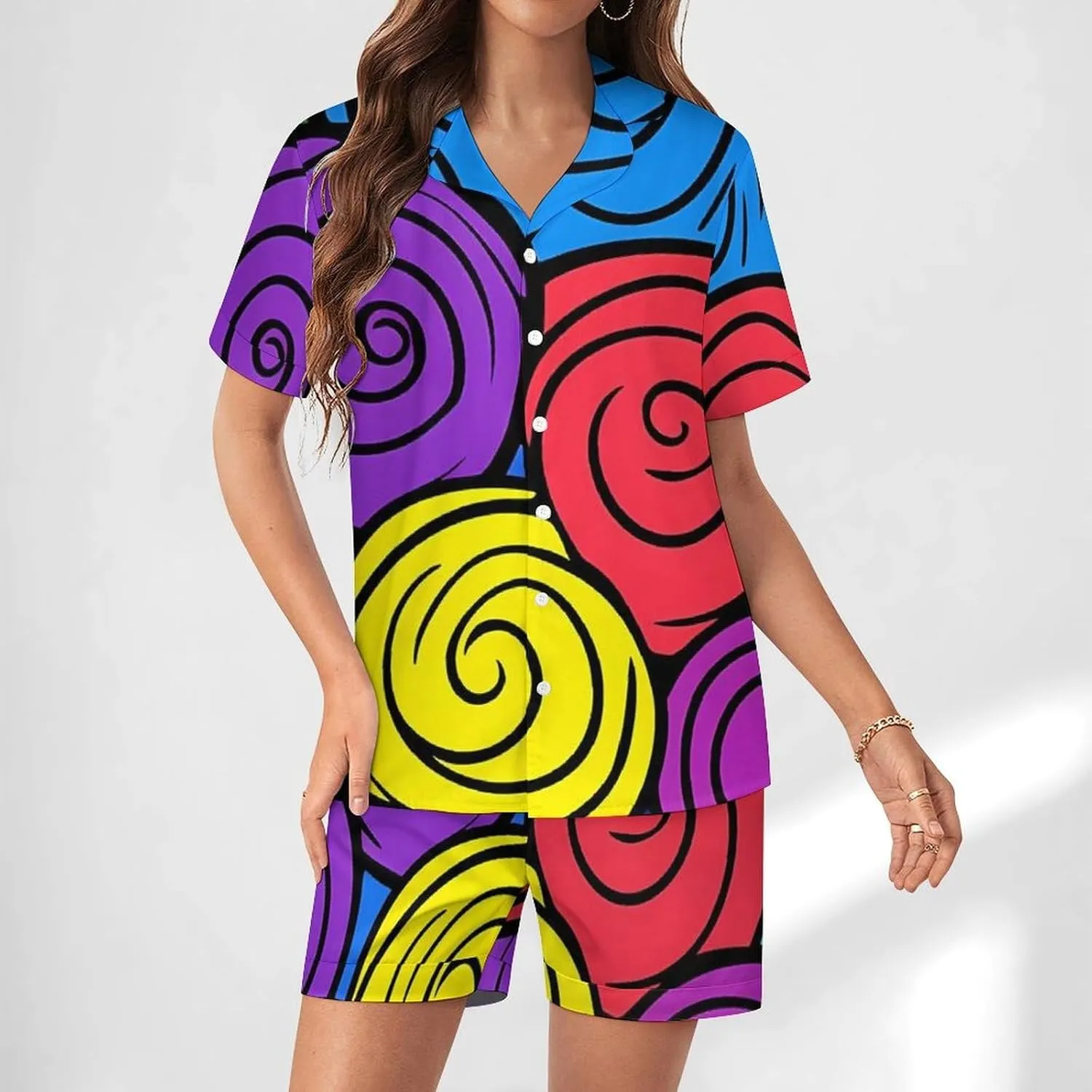 Colorful Spirals Satin Pajamas For Women Set Botton Down Short Sleeves Silk Sleepwear