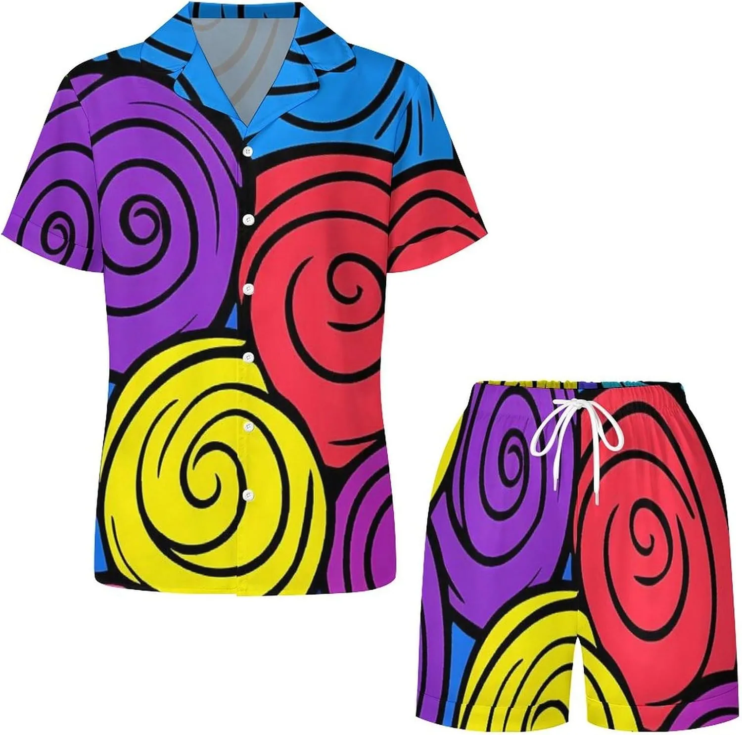 Colorful Spirals Satin Pajamas For Women Set Botton Down Short Sleeves Silk Sleepwear