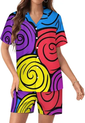 Colorful Spirals Satin Pajamas For Women Set Botton Down Short Sleeves Silk Sleepwear