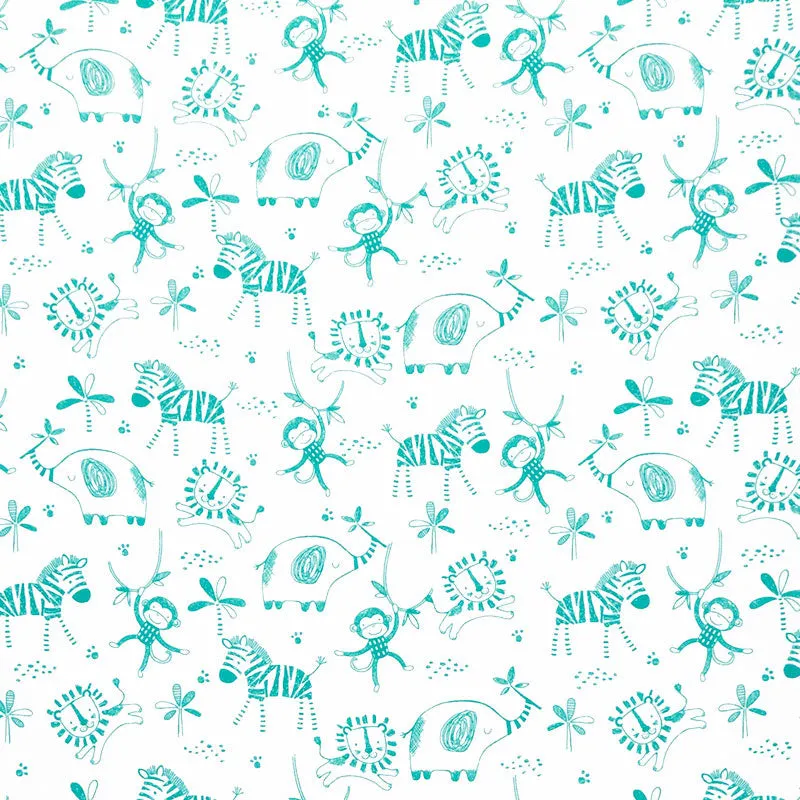 Comfy Flannel® - Sketched Green Jungle Animals on White Yardage