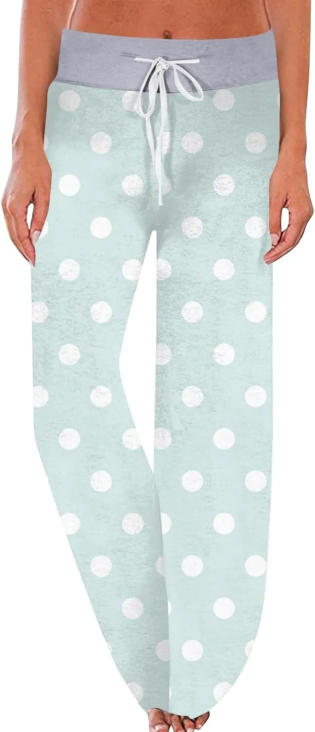 Comfy Pajama Pants for Women Casual Drawstring Floral Print Palazzo Lounge Pants Stretch Wide Leg Bottoms