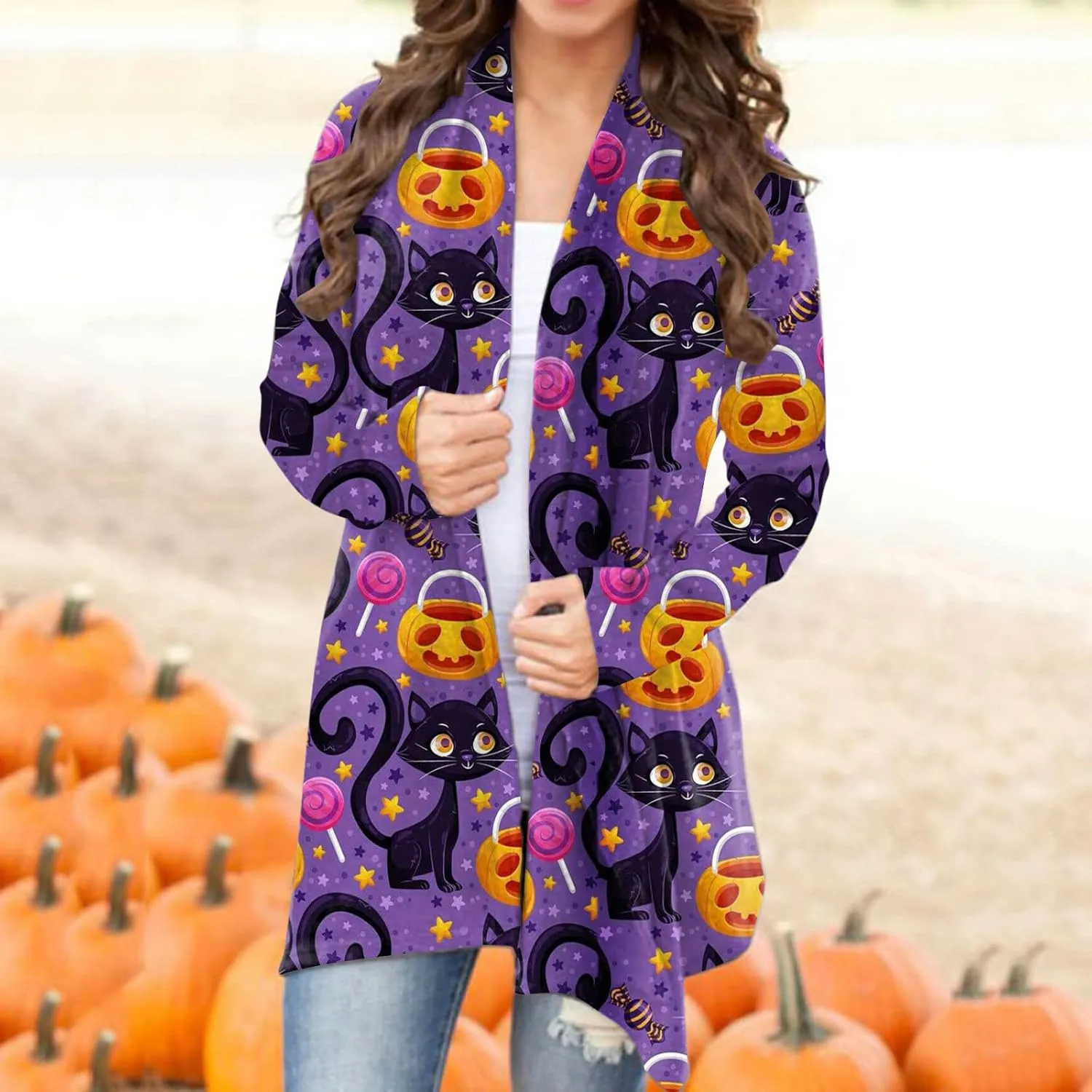 cooki Halloween Cardigan for Women Pumpkin Cat Print Knitting Cardigans Long Sleeve Open Front Sweaters Knitted Outwear Coats