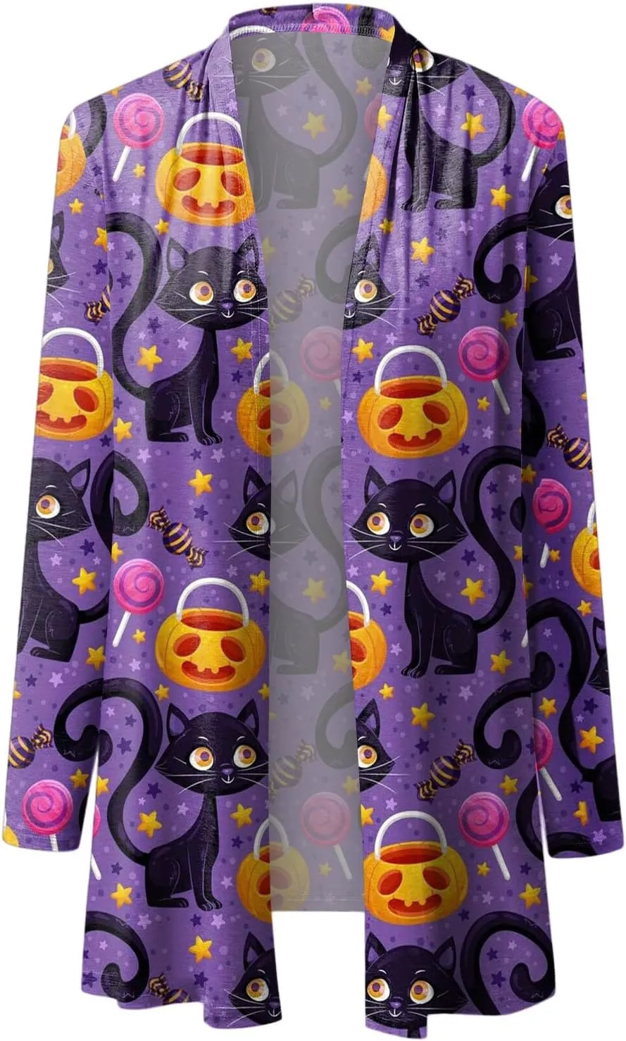cooki Halloween Cardigan for Women Pumpkin Cat Print Knitting Cardigans Long Sleeve Open Front Sweaters Knitted Outwear Coats