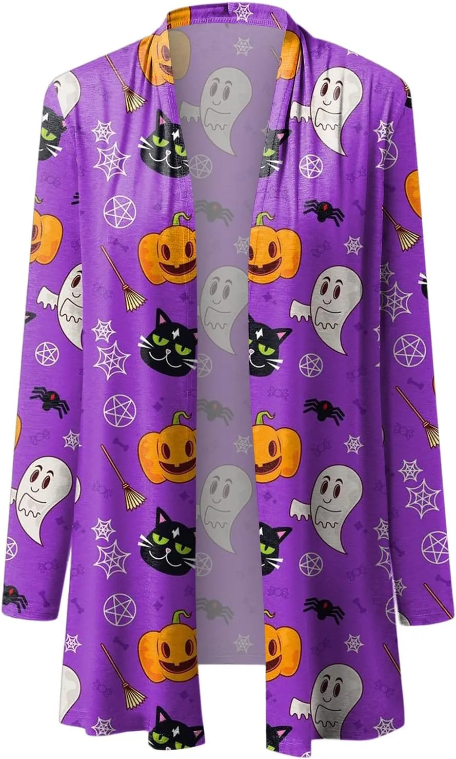 cooki Halloween Cardigan for Women Pumpkin Cat Print Knitting Cardigans Long Sleeve Open Front Sweaters Knitted Outwear Coats