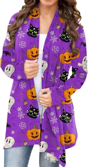 cooki Halloween Cardigan for Women Pumpkin Cat Print Knitting Cardigans Long Sleeve Open Front Sweaters Knitted Outwear Coats