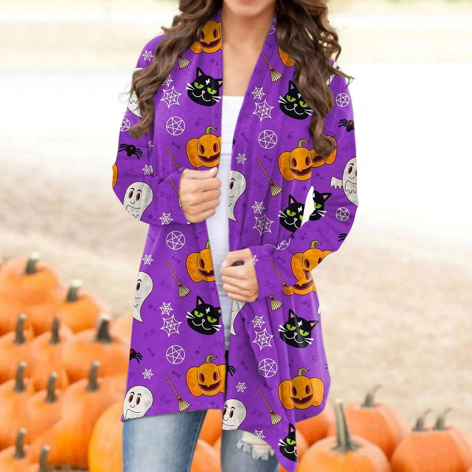 cooki Halloween Cardigan for Women Pumpkin Cat Print Knitting Cardigans Long Sleeve Open Front Sweaters Knitted Outwear Coats