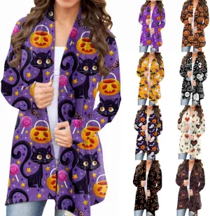 cooki Halloween Cardigan for Women Pumpkin Cat Print Knitting Cardigans Long Sleeve Open Front Sweaters Knitted Outwear Coats