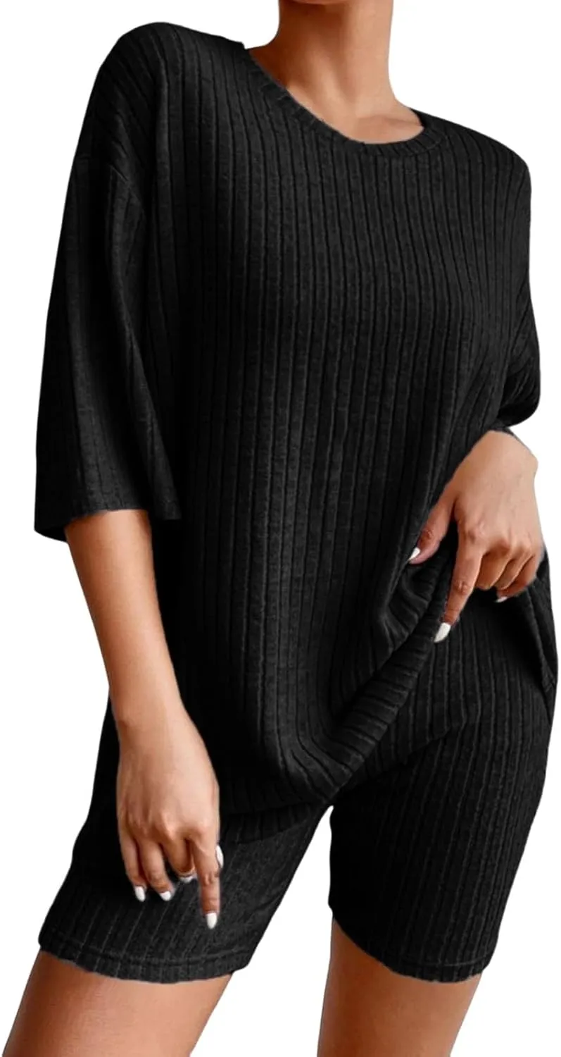 cooki Pajama Sets for Women 2 Piece Lounge Sets Short Sleeve Oversized Ribbed Knit T-shirt and Shorts Soft Sleepwear Set