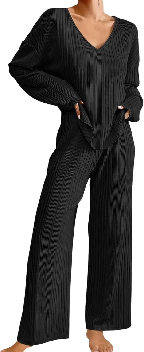 cooki Pajama Sets for Women 2 Piece Ribbed Knit V Neck Long Sleeve Pullover Top Jogger Pants Set Lounge Sleepwear Tracksuit