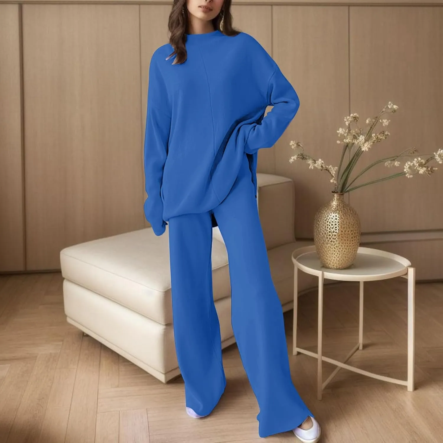cooki Pajama Sets for Women 2 Piece Winter Warm Knit Long Sleeve Sweater Pullover Top and Pants Set Lounge Sleepwear Set