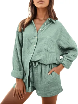 cooki Women's Pajama Sets Womens 2 Piece Lounge Sets Ribbed Knit Button Up Top Shorts Sleepwear Casual Soft Loungewear Set
