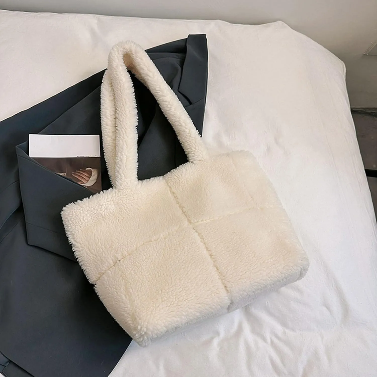 CORIOS Women's Lambswool Handbag Fluffy Bag Plush Shoulder Bag Large Handbag Cute Fluffy Tote Bag Shopping Bags Lightweight Carry Bag for Office Travel Everyday, White, 