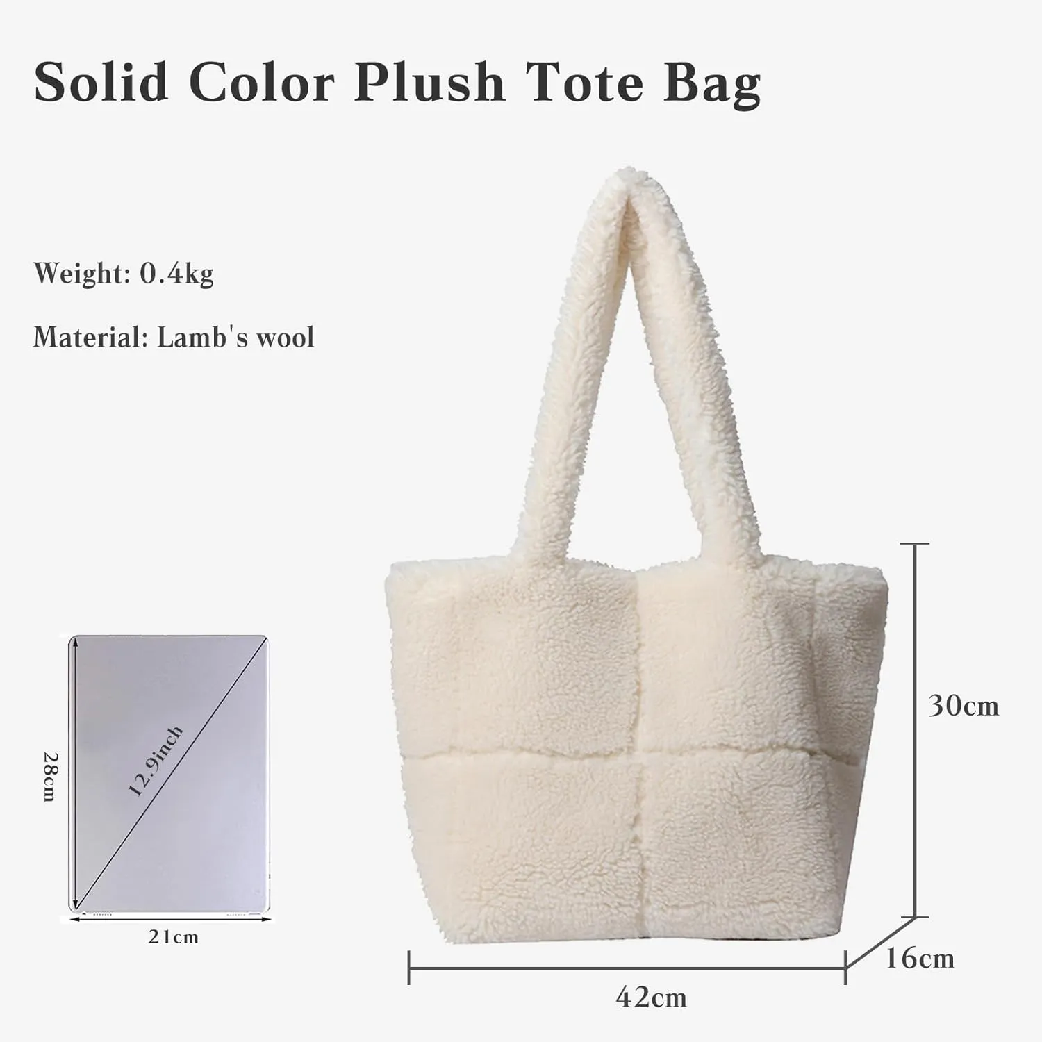 CORIOS Women's Lambswool Handbag Fluffy Bag Plush Shoulder Bag Large Handbag Cute Fluffy Tote Bag Shopping Bags Lightweight Carry Bag for Office Travel Everyday, White, 