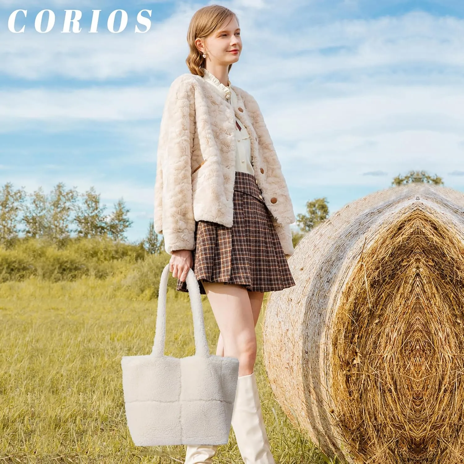 CORIOS Women's Lambswool Handbag Fluffy Bag Plush Shoulder Bag Large Handbag Cute Fluffy Tote Bag Shopping Bags Lightweight Carry Bag for Office Travel Everyday, White, 