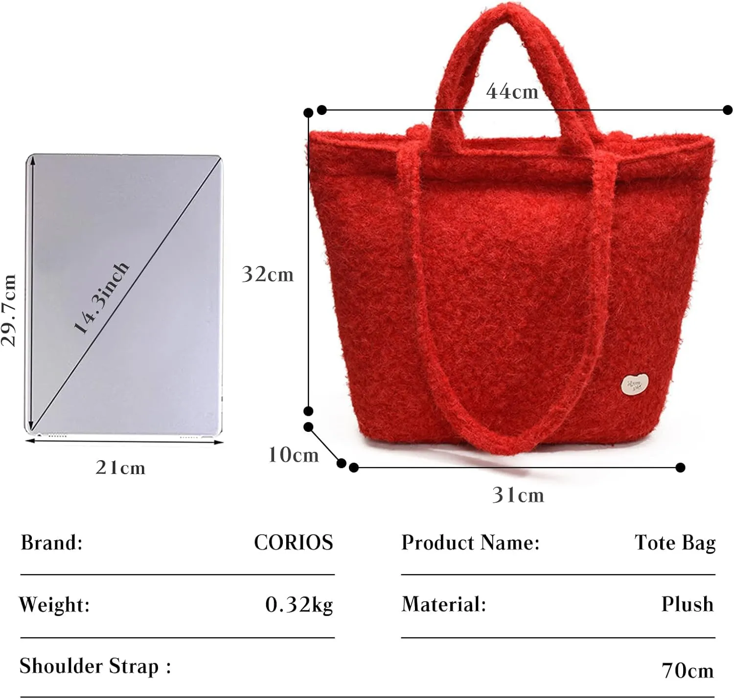 CORIOS Women's Plush Shoulder Bag, Fluffy Bag, Lambswool Handbag, Cute Fluffy Tote Bag, Large Shopping Bags, Handbag, Retro Tote Bag for Office, Travel, Everyday Use