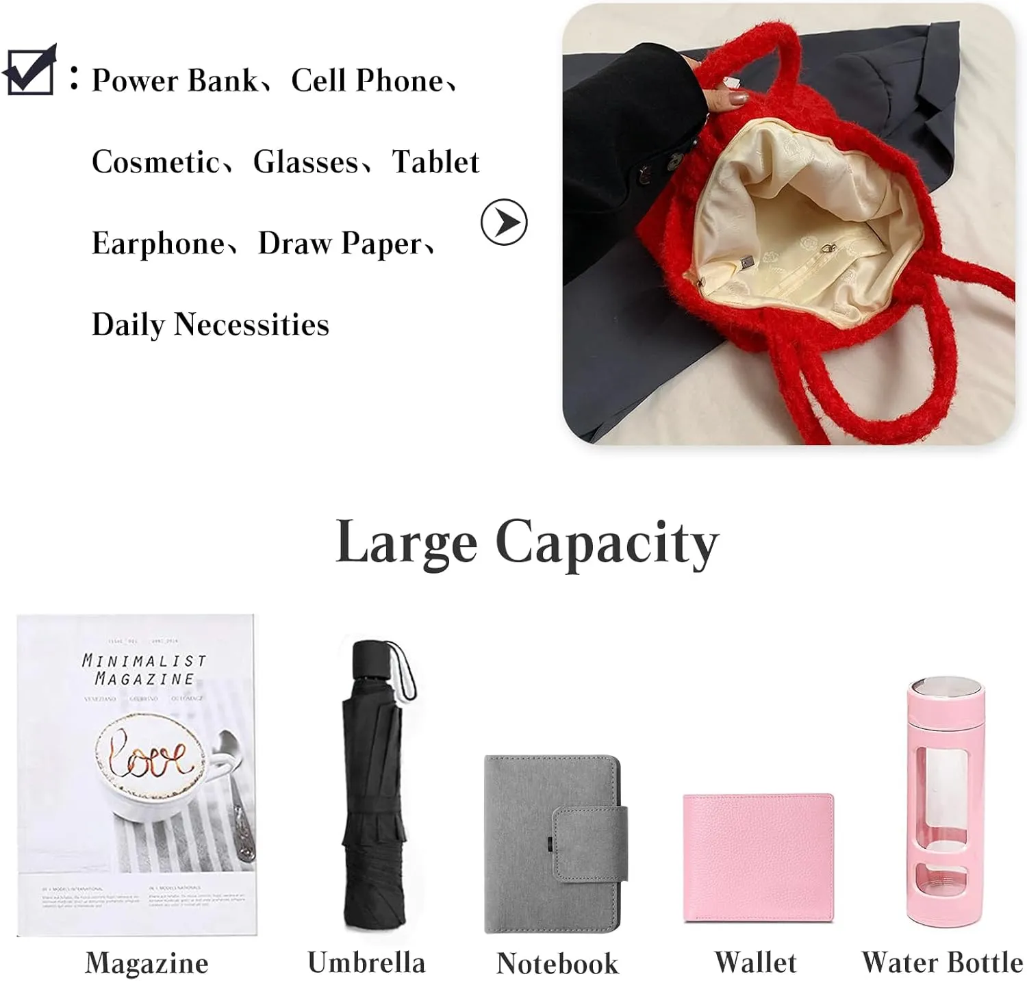CORIOS Women's Plush Shoulder Bag, Fluffy Bag, Lambswool Handbag, Cute Fluffy Tote Bag, Large Shopping Bags, Handbag, Retro Tote Bag for Office, Travel, Everyday Use
