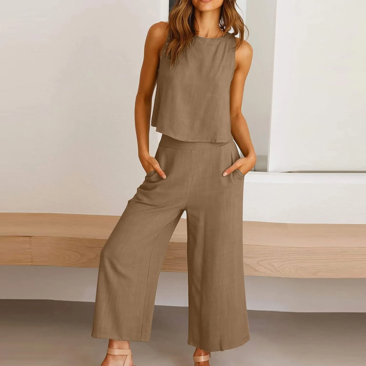 Cotton Linen 2 Piece Outfits for Women Crop Tank Tops and Wide Leg Pants Casual Matching Set Summer Beach Clothes