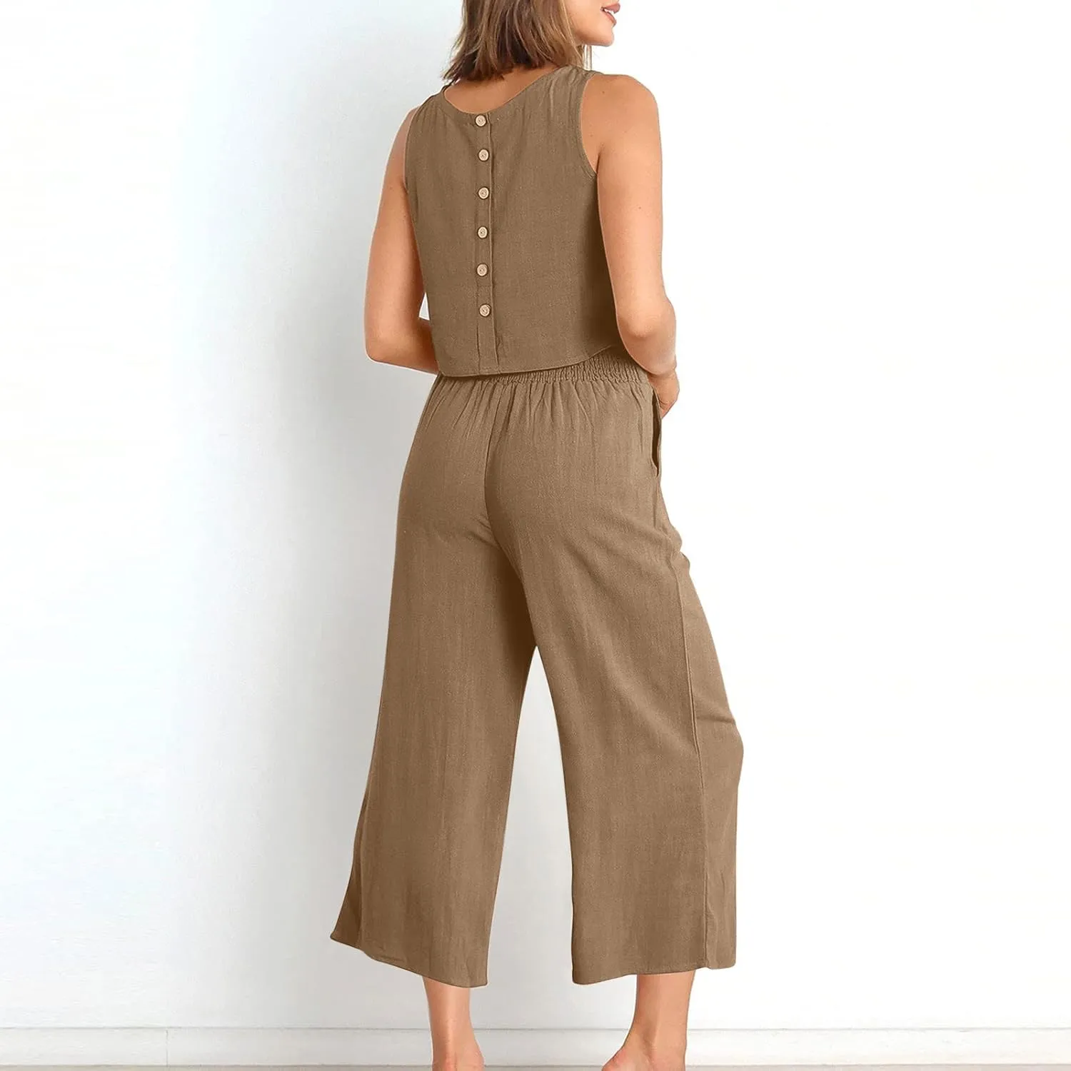 Cotton Linen 2 Piece Outfits for Women Crop Tank Tops and Wide Leg Pants Casual Matching Set Summer Beach Clothes