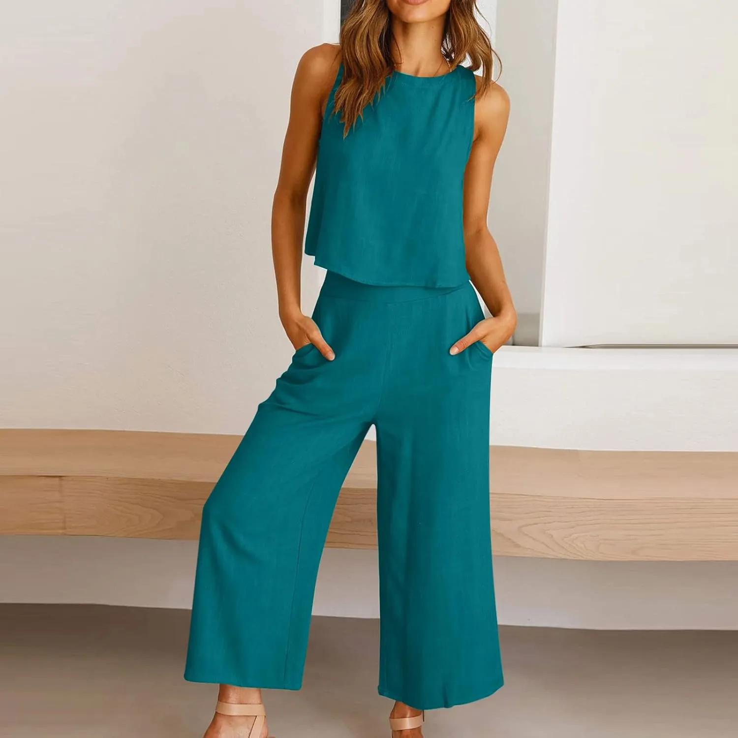 Cotton Linen 2 Piece Outfits for Women Crop Tank Tops and Wide Leg Pants Casual Matching Set Summer Beach Clothes