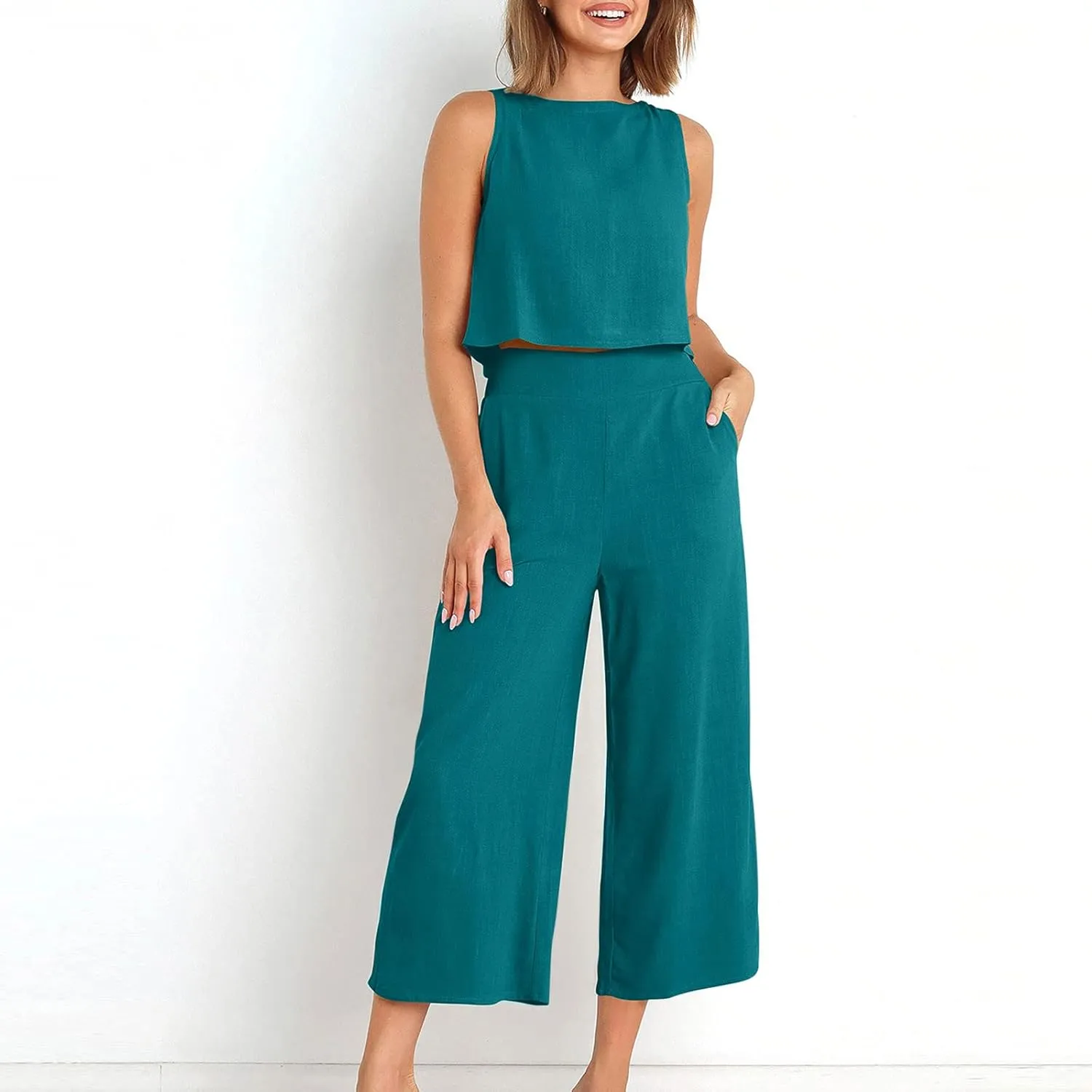 Cotton Linen 2 Piece Outfits for Women Crop Tank Tops and Wide Leg Pants Casual Matching Set Summer Beach Clothes