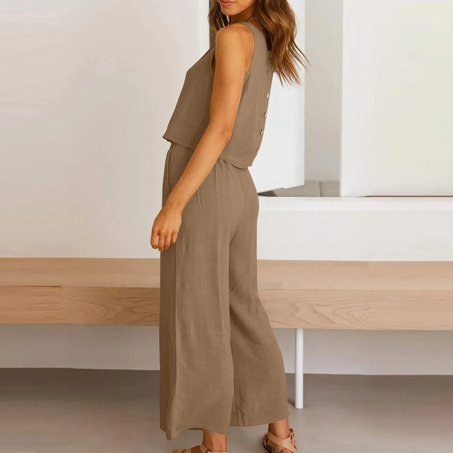Cotton Linen 2 Piece Outfits for Women Crop Tank Tops and Wide Leg Pants Casual Matching Set Summer Beach Clothes