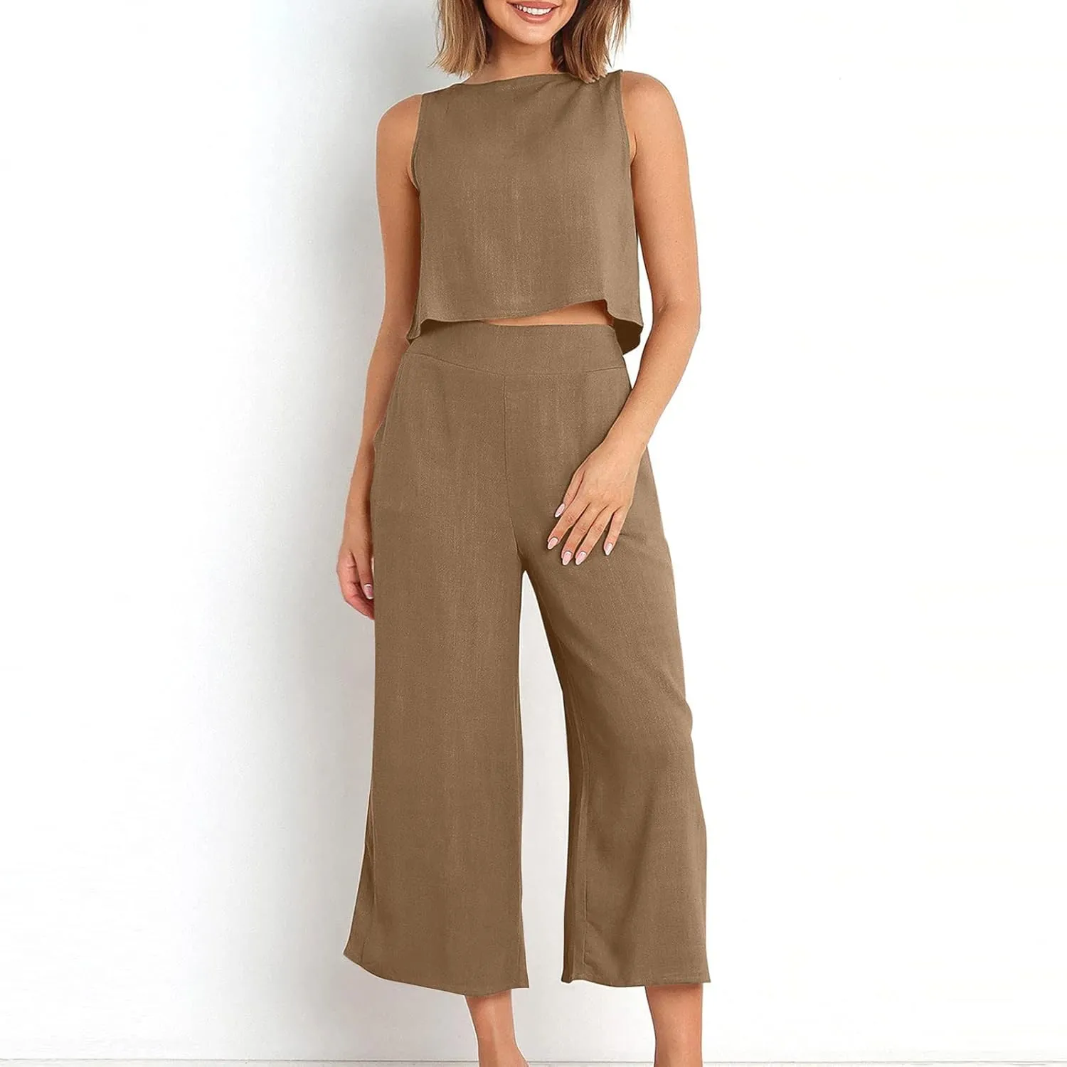 Cotton Linen 2 Piece Outfits for Women Crop Tank Tops and Wide Leg Pants Casual Matching Set Summer Beach Clothes