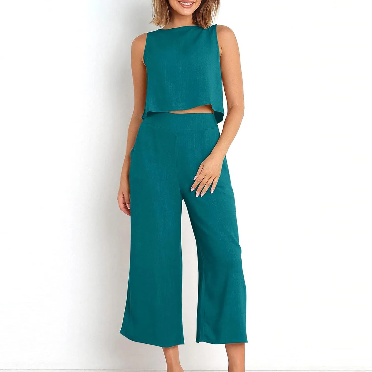 Cotton Linen 2 Piece Outfits for Women Crop Tank Tops and Wide Leg Pants Casual Matching Set Summer Beach Clothes
