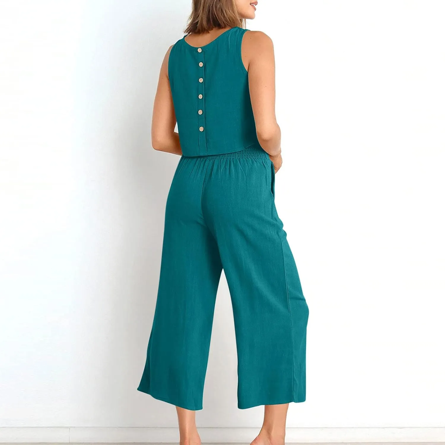 Cotton Linen 2 Piece Outfits for Women Crop Tank Tops and Wide Leg Pants Casual Matching Set Summer Beach Clothes